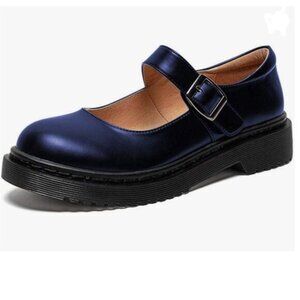 YDN Navy Round Toe Mary Jane Platform Adjustable Single Ankle Strap Buckle Pump